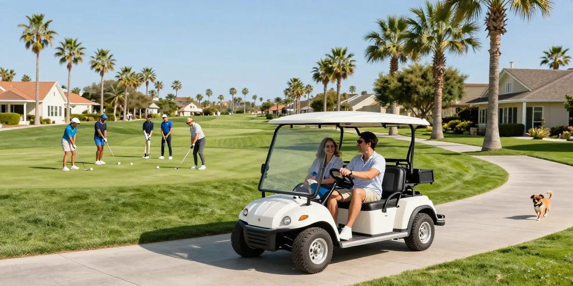 Couple driving a low-speed vehicle for sale in a sunny golf community.