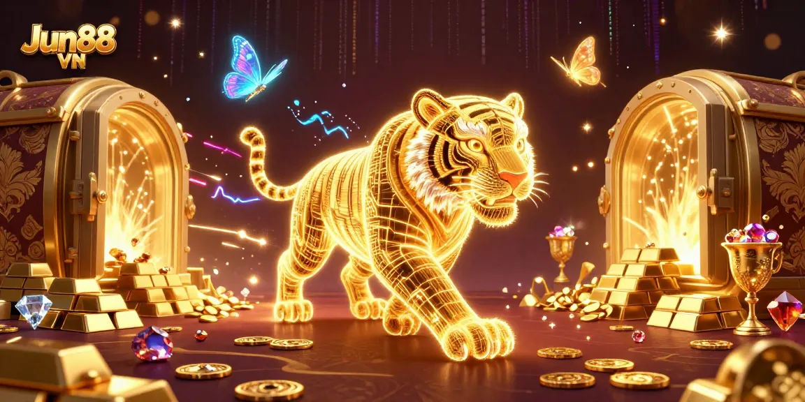 Experience the thrill of Jun88 VN with a spectacular digital casino landscape illustration.