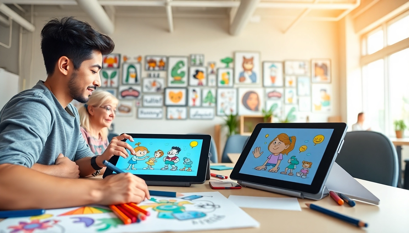 Animation Erstellen in einem kreativen Arbeitsumfeld mit animierten Charakteren und Zeichenwerkzeugen.