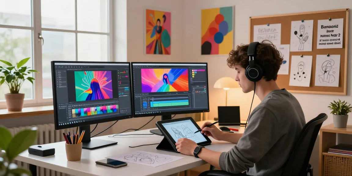 Digital artist using nano banana 2 for creative image editing in modern studio.