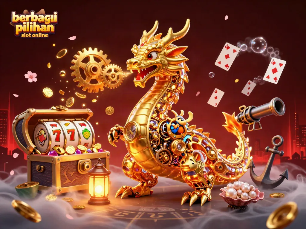 Berbagai pilihan slot online dengan naga emas futuristik yang memancarkan koin emas dan permainan slot menarik.