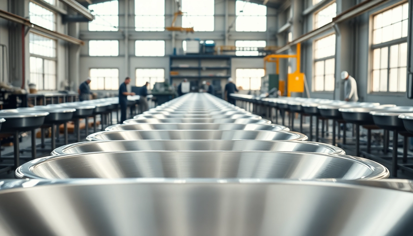 Manufacturing process at a stainless steel basin factory, showcasing polished basins in production.
