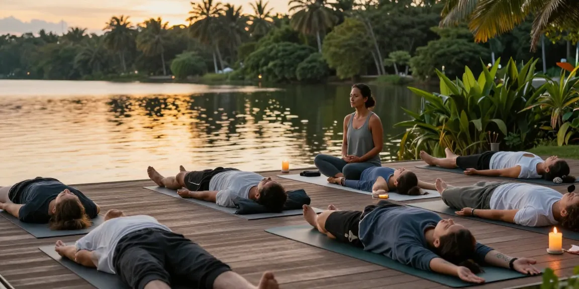 Stefan Camilleri yoga teacher leading a small group yoga class by the lake at sunset