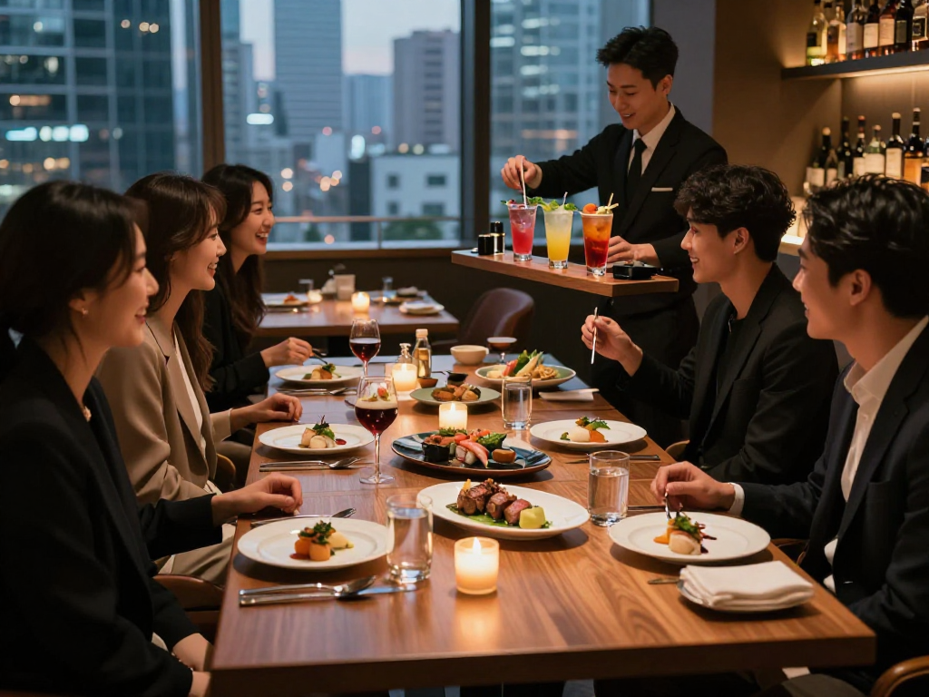 강남 달토에서 고급 레스토랑의 우아한 식사 장면, 친구들이 웃고 있는 모습.