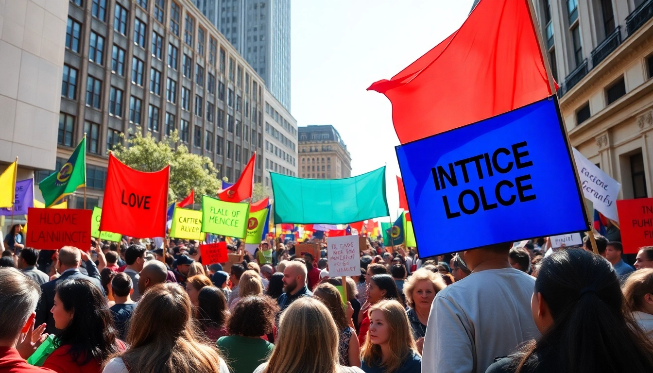 Champions of human rights rallying for change in a vibrant city plaza.