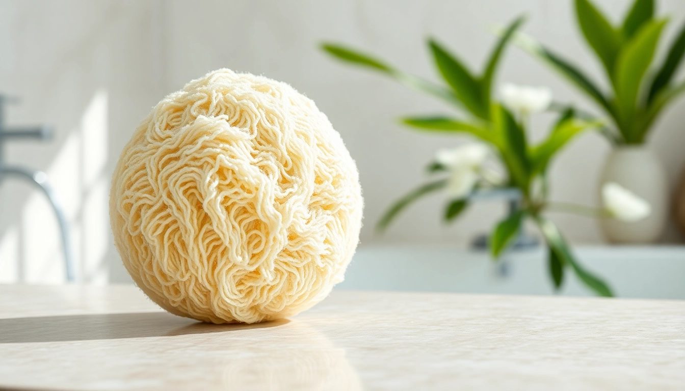 Best back loofah for dry skin showcasing textured fibers on a natural stone countertop.