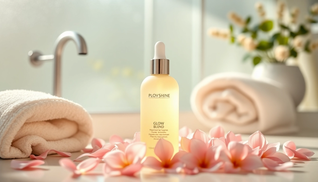 Experience the radiance of Glow Blend in a soothing skincare display with lush floral accents.