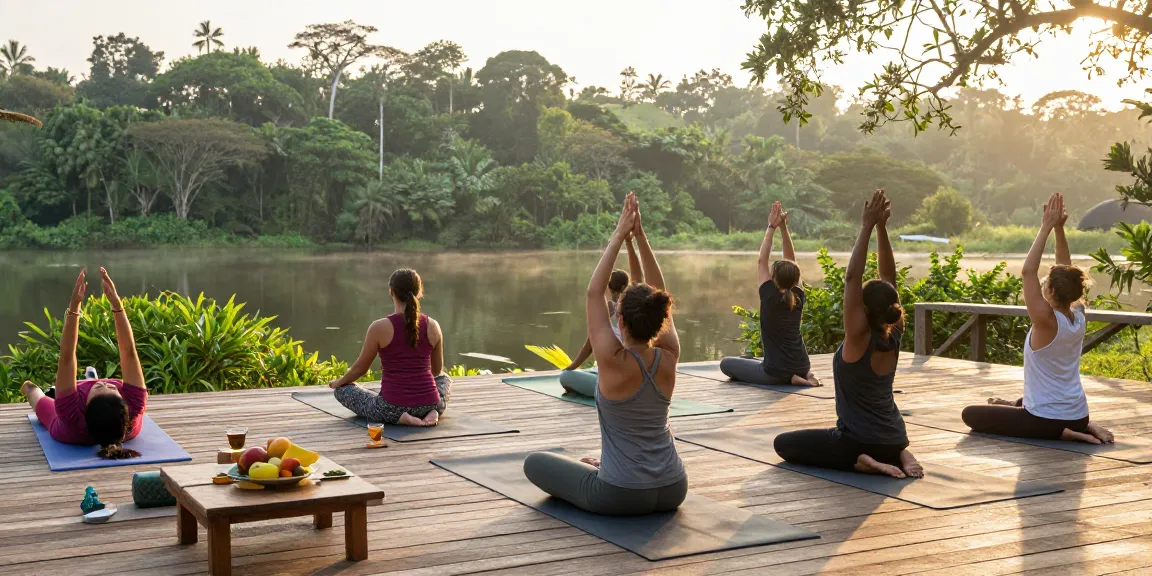 Yoga Alliance certified training Sri Lanka with students practicing yoga poses at sunrise by Koggala Lake.