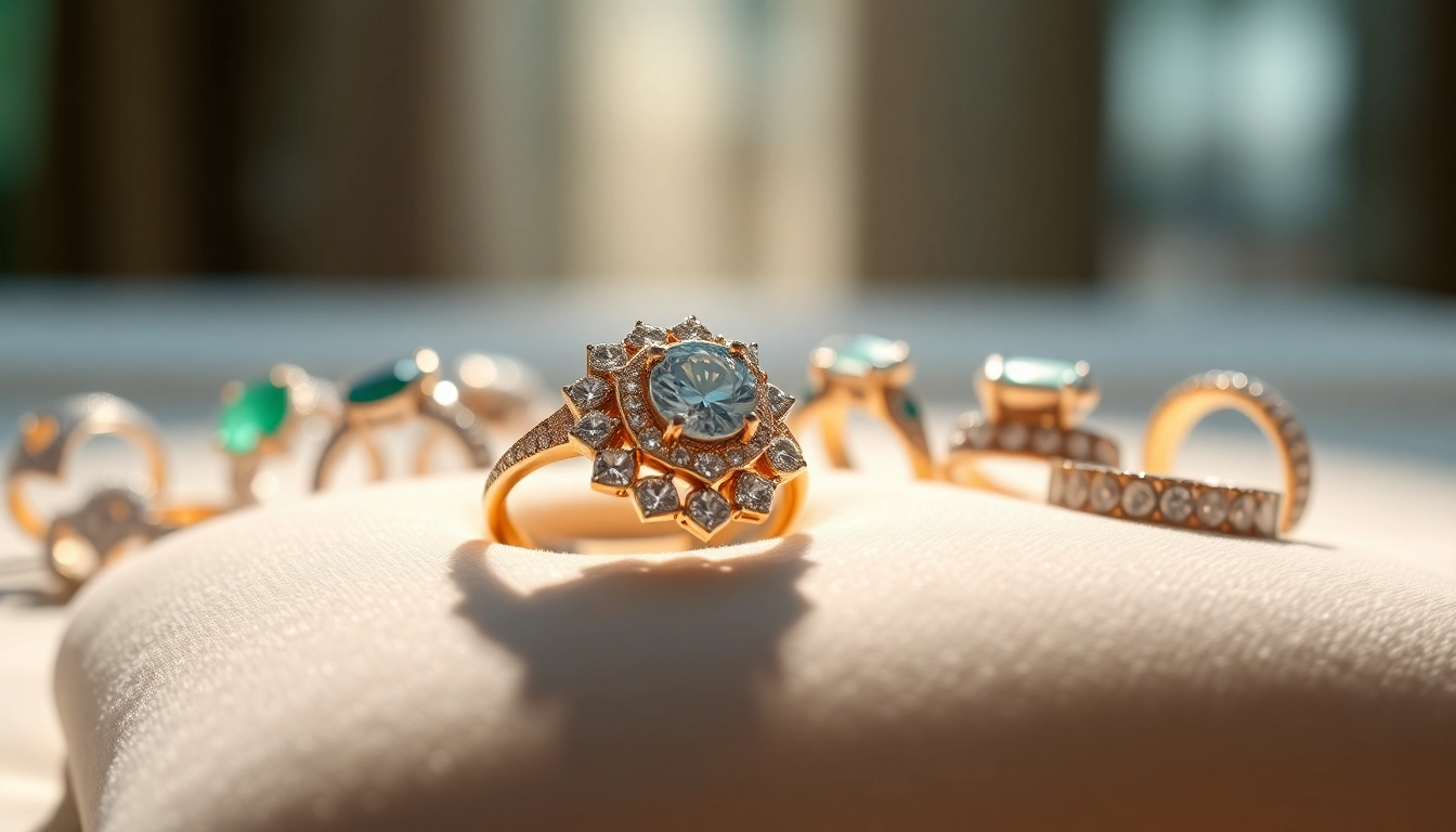 Showcase of luxury rings highlighting intricate designs and sparkling gemstones.