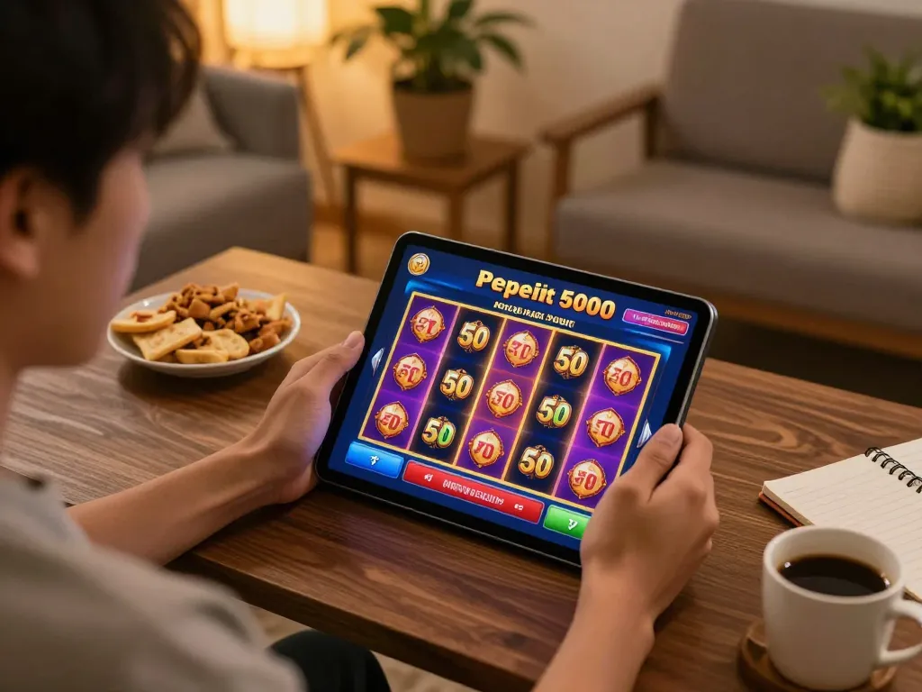 Engaging online gambling with apk slot bet 50 perak deposit 5000 on tablet, cozy home environment.