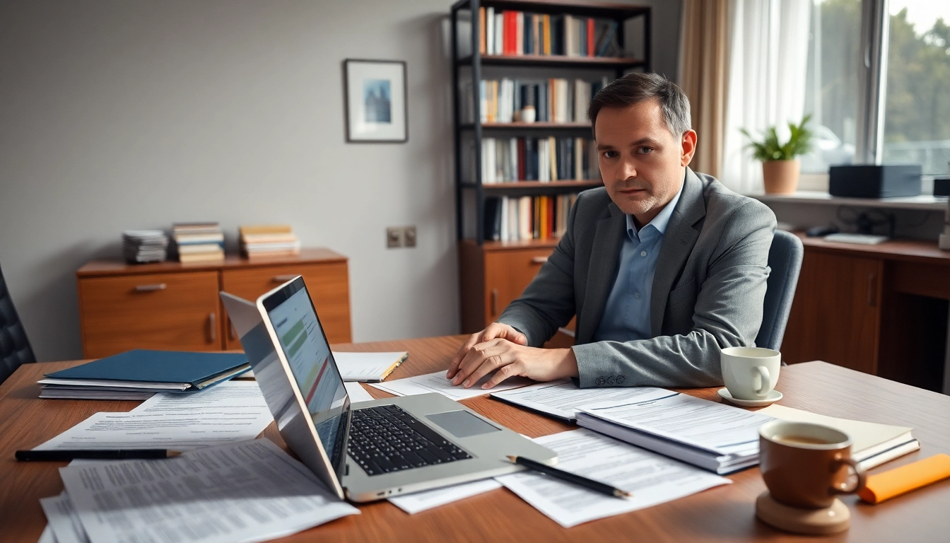 Streamlined registration and certification in Federal databases for federal contracts illustrated with a consultant's workspace.