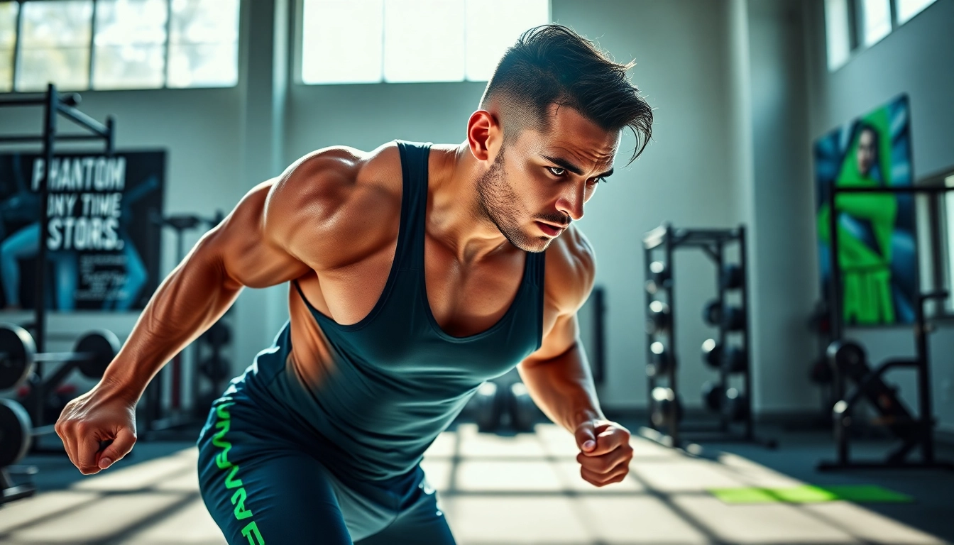 Aktiver Sportler demonstriert phantom athletics Ausrüstung während des Trainings in einem modernen Fitnessstudio.