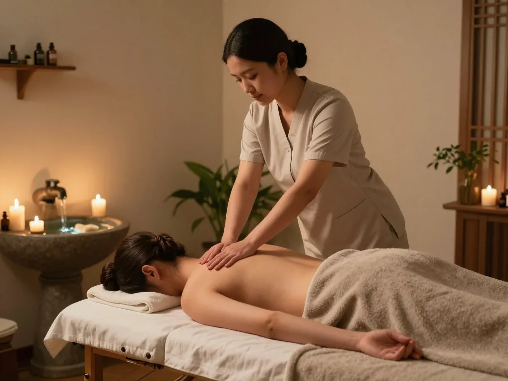 치평동마사지 relaxation scene with therapist providing soothing massage in serene wellness studio.