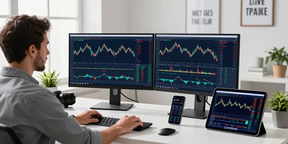 MetaTrader 5 trading setup with multi-monitor analysis and live market updates.