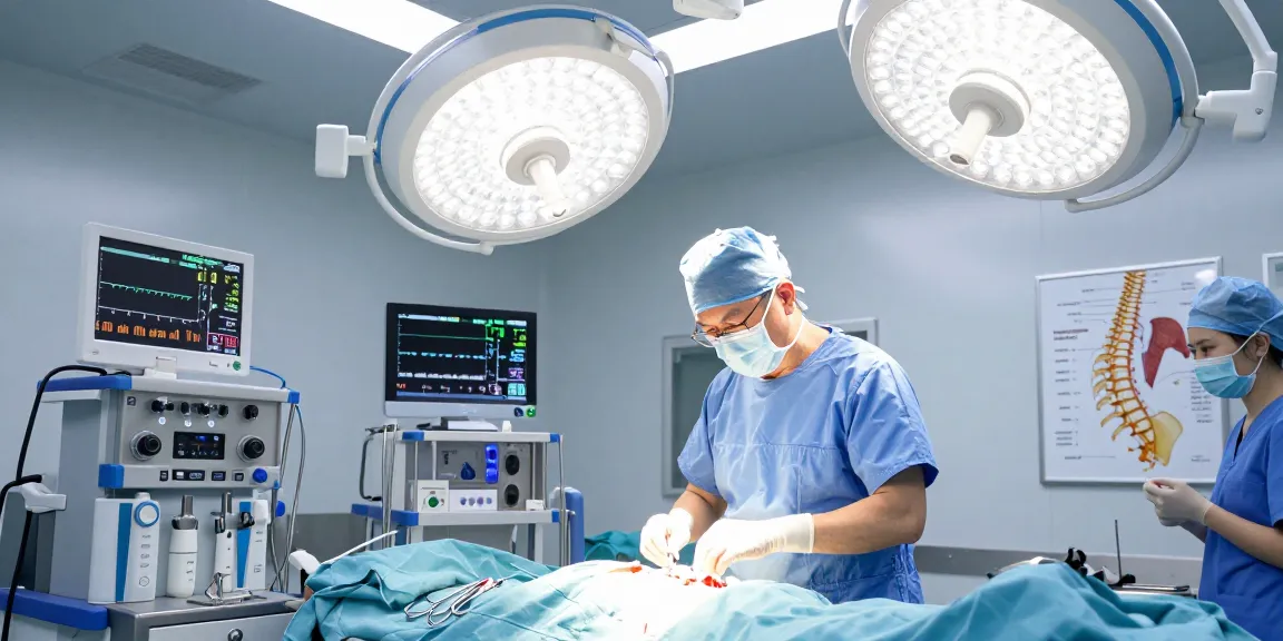 Bel fıtığı ameliyatı preparation in a modern operating room featuring a skilled surgeon and advanced equipment for patient care.