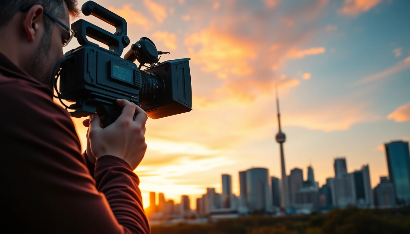 Professional videographers in Toronto filming a stunning urban sunset, showcasing expertise in videography.