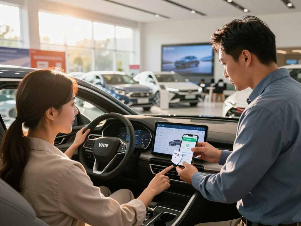Couple engaged with a car dealership salesperson using carfax vin decoder for vehicle history.