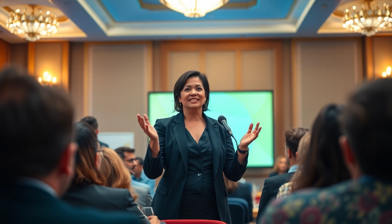 Visual representation of overcoming fear of public speaking, showcasing a confident speaker engaging an audience effectively.