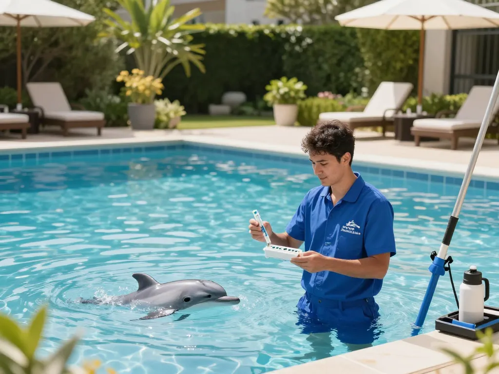 Dolphin Pool Services technician checking pool chemistry surrounded by lush greenery and pool equipment.