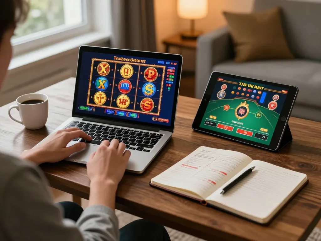 Terlibat dalam permainan slot online di rumah dengan hoki77 heylink ditampilkan di layar, menunjukkan suasana permainan yang strategis.