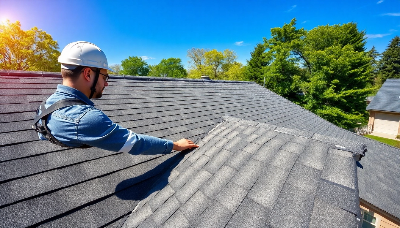Assessing roof repair needs with an expert examining shingles on a house.
