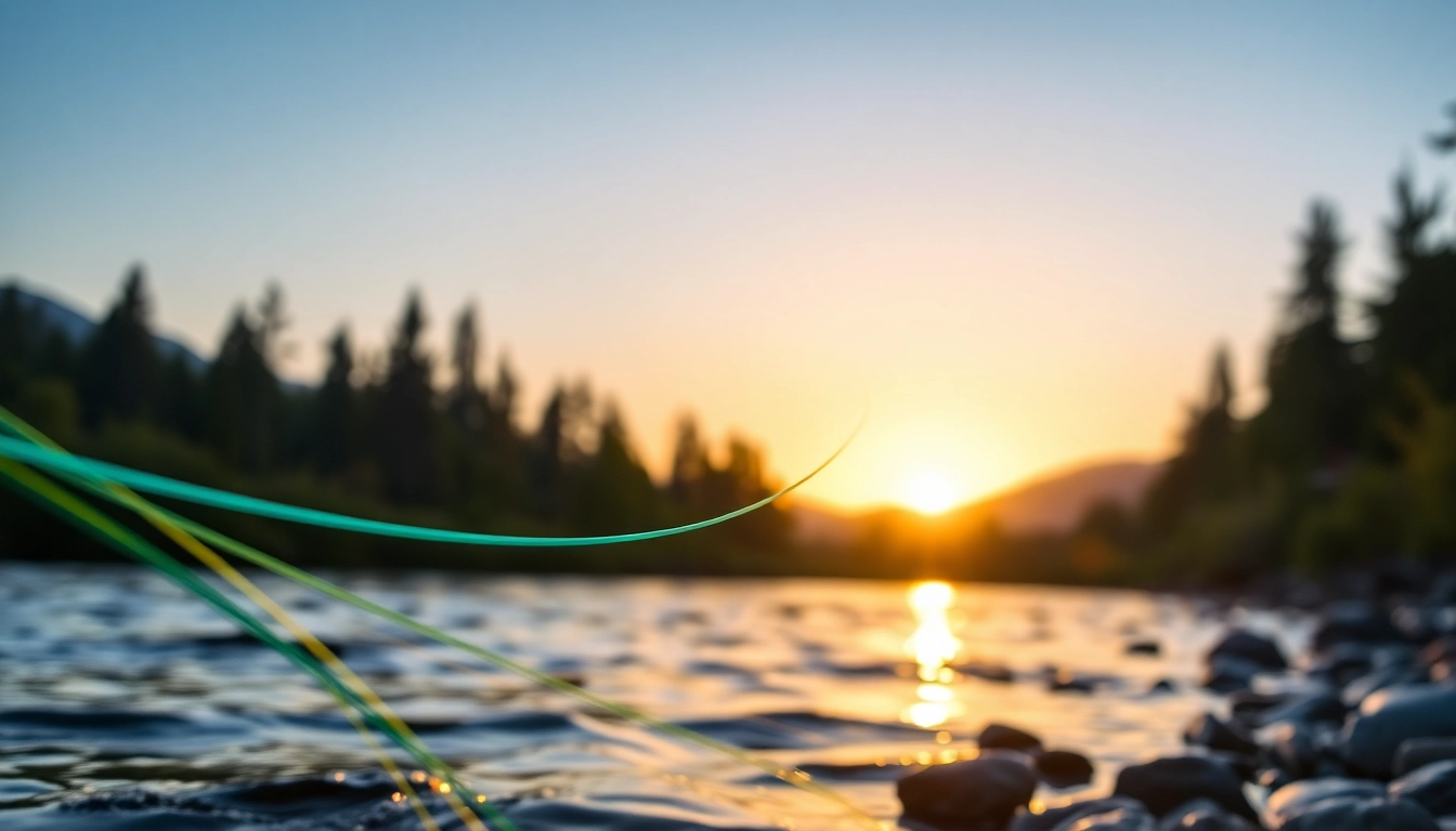 Fly fishing line elegantly casting into a serene river at sunset.