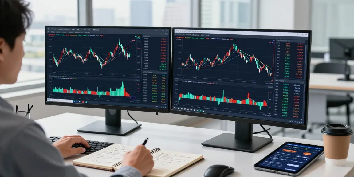 Trader analyzing market trends using mt5 on dual screens in a bright professional environment.