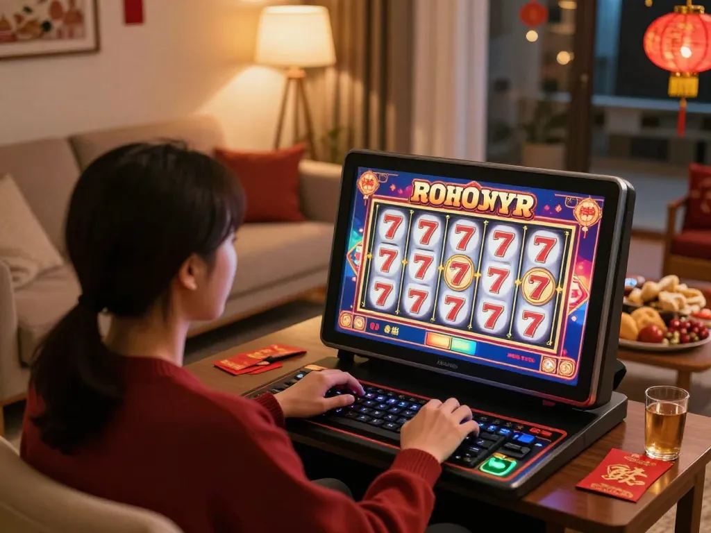 SLOT777 online gaming experience, user engaging with festive atmosphere during Chinese New Year.