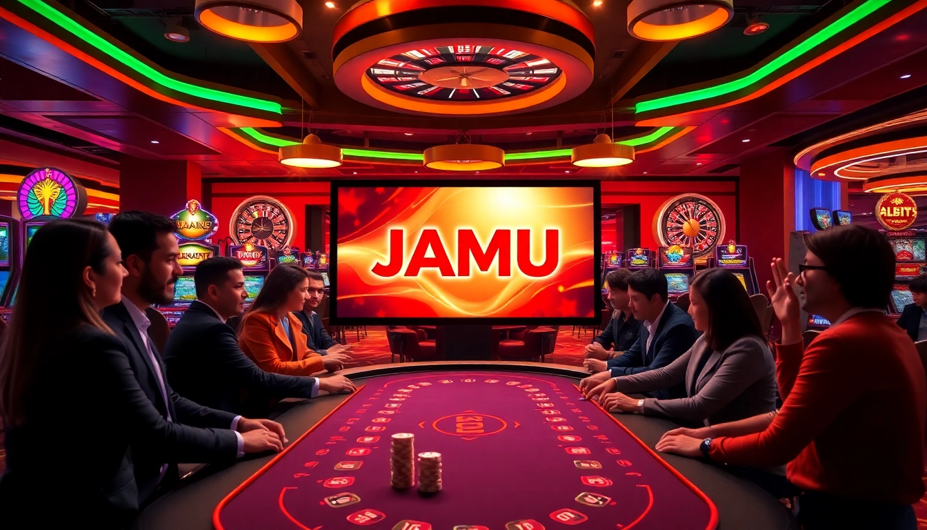 Gamble on JAMUslot alternatif with vibrant slot machines and joyful players in a lively casino atmosphere.