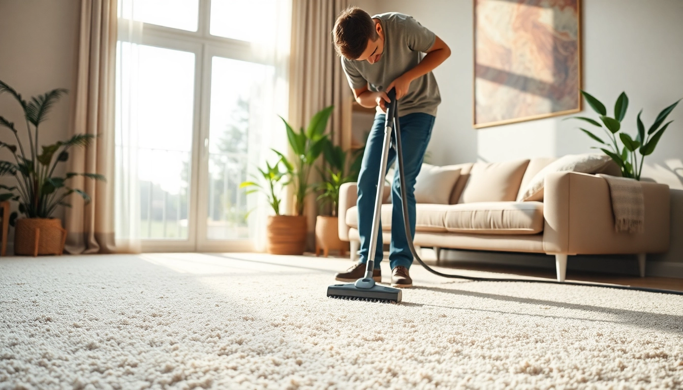 Showcase carpet cleaning specials with a professional cleaner in a bright living room.