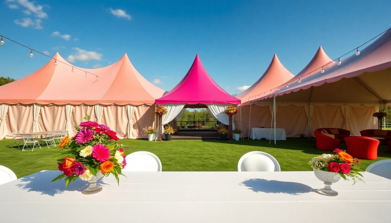 Elegant Tent Rentals for outdoor events featuring decorative setups and colorful tents.