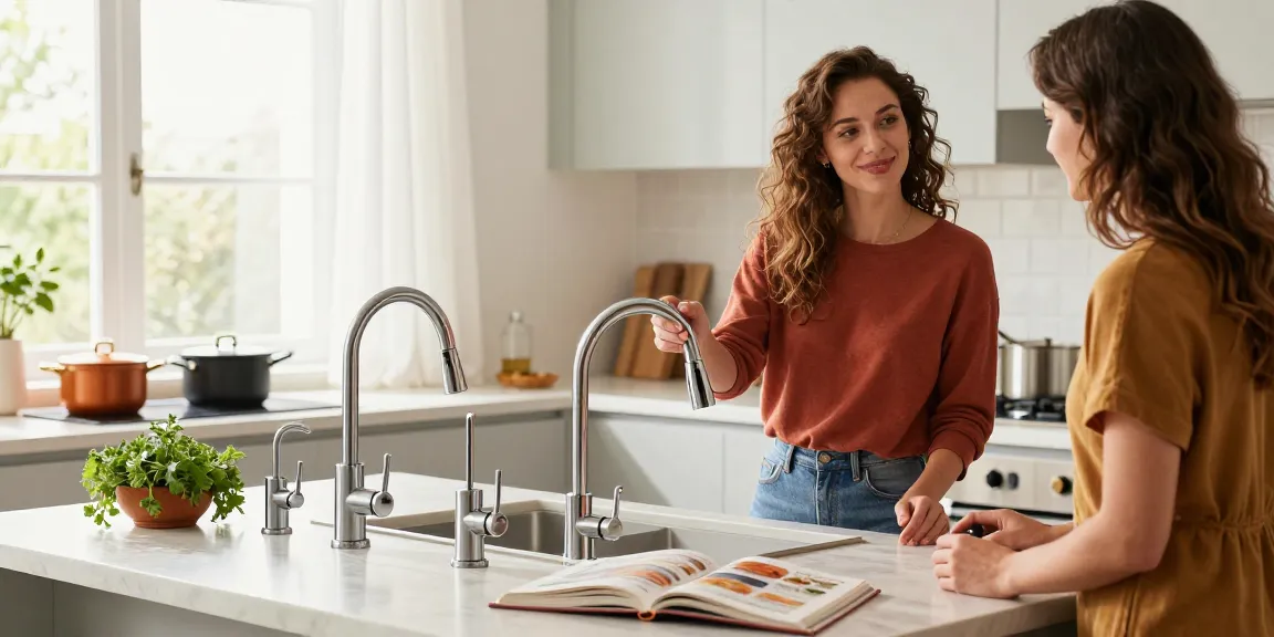 Stylish woman demonstrating kitchen faucets in a bright kitchen setting.