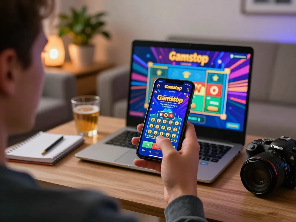Playing non Gamstop casinos on mobile app in a cozy living room with warm lighting