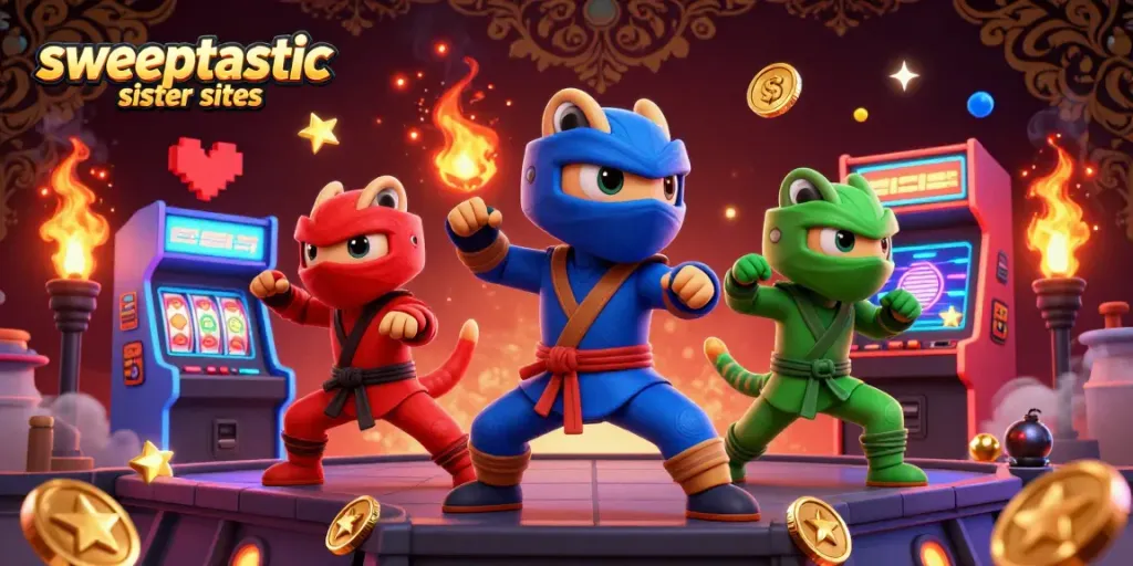 Sweeptastic sister sites showcase dynamic ninja chameleons and slot reels in a vibrant 3D casino atmosphere.