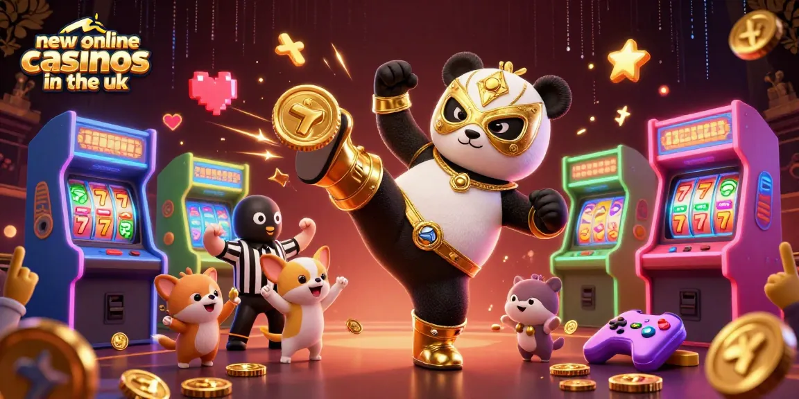 Experience engaging action with new online casinos in the uk featuring a wrestling panda and colorful casino elements.