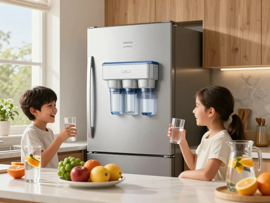 Family enjoying clean water from Waterdrop UKF8001 Refrigerator Water Filter 4 in a modern kitchen