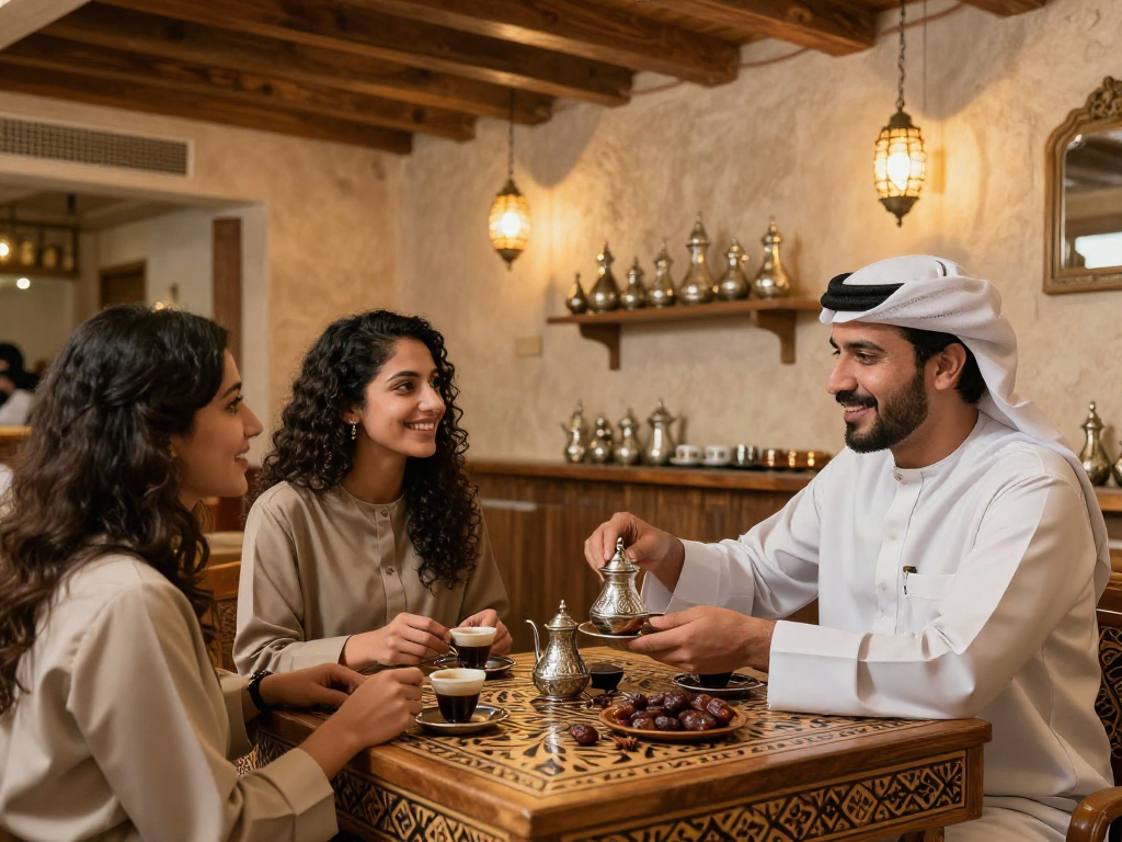 قهوجي الرياض يقدم القهوة العربية في مقهى تقليدي مميز في الرياض.