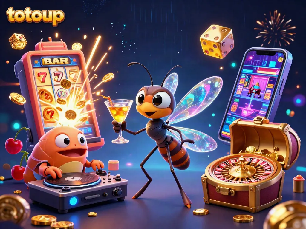 Experience the thrill of totoup as a cartoon mosquito casino mascot brings life to imaginative gaming with vibrant slot machines.