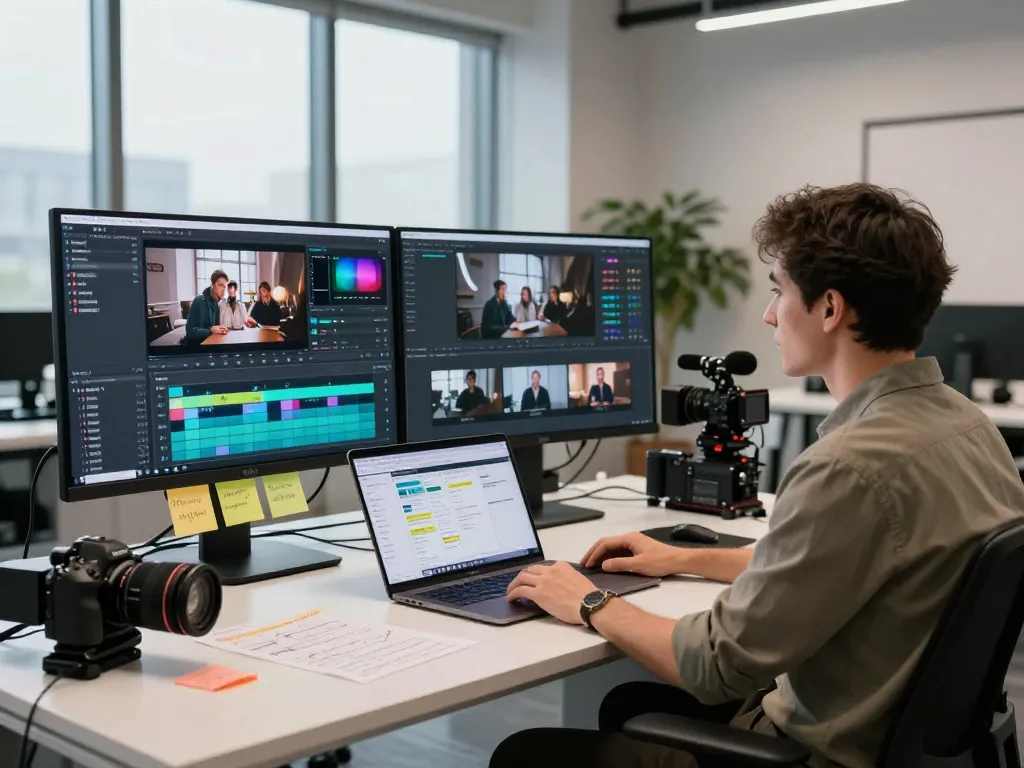 In a vibrant workspace, a director uses seedance 2.0 to craft AI-generated video narratives with multiple screens showcasing dynamic editing tools.