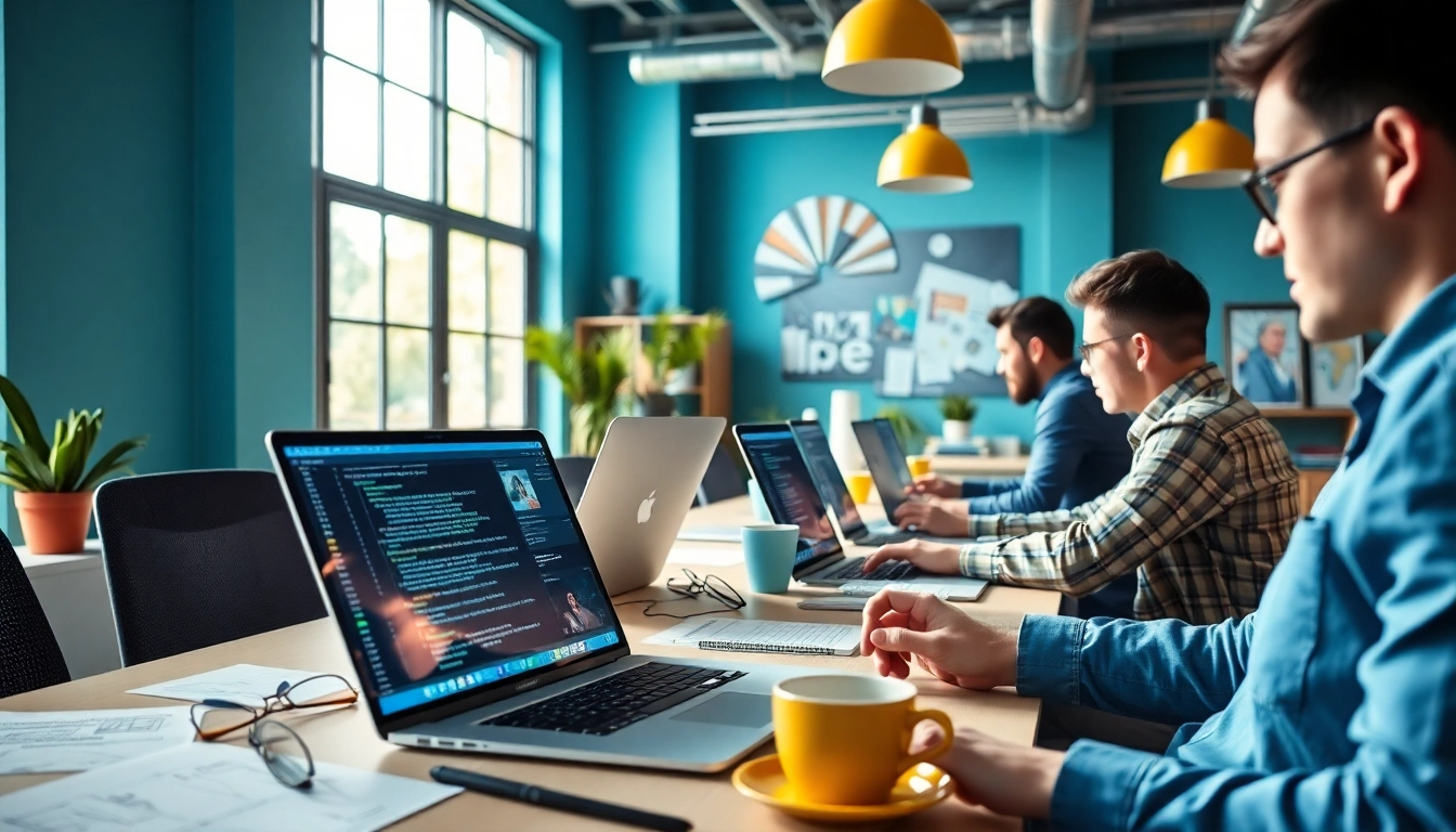 Webflow Agentur team collaborating in a vibrant workspace with natural light.