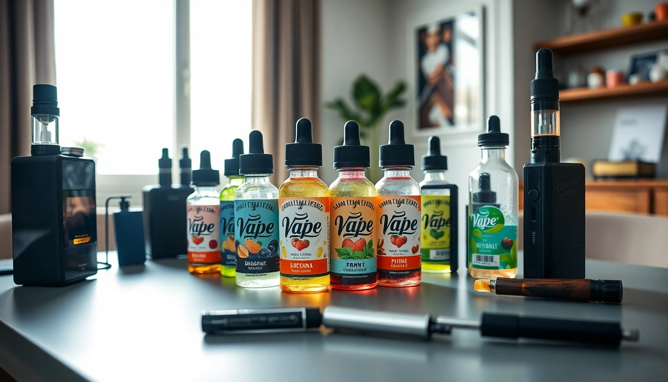 Explore a selection of premium Vape Juice bottles on a stylish table with various devices.