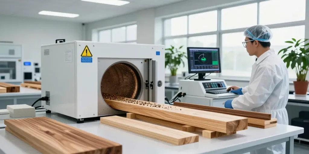 Shashel® microwave technology effectively eliminating wood-boring insects in a modern treatment facility.