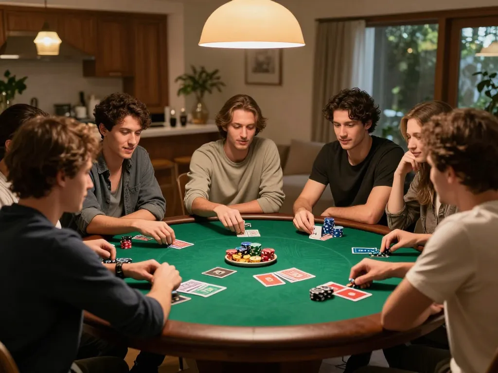 Permainan poker di setting rumah yang nyaman bersama teman-teman, menampilkan tangan memegang kartu dan chip.