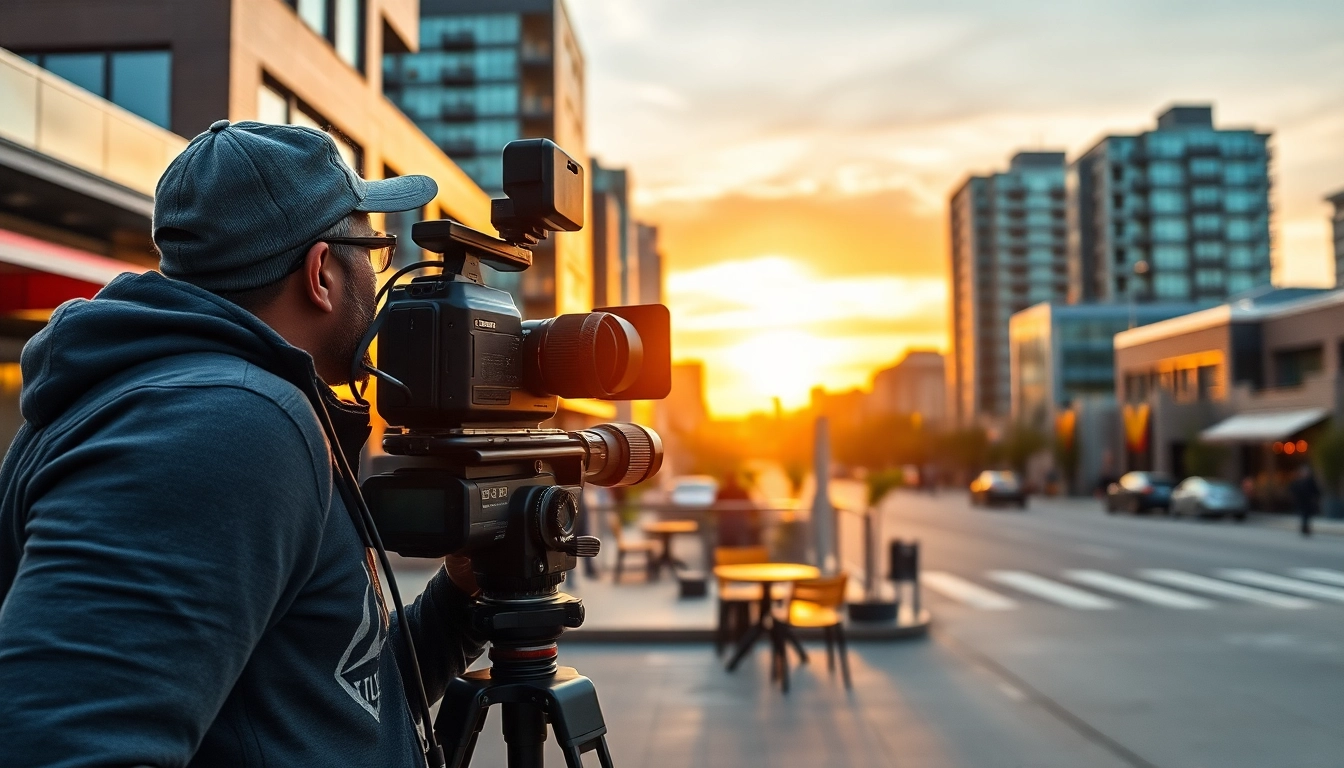 Edmonton videographer capturing a vibrant city scene during sunset.