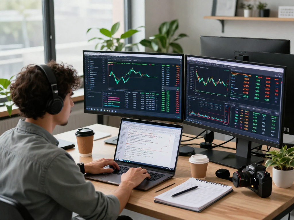 Developer using agriculture WebSocket stream API to analyze real-time forex data in a modern office