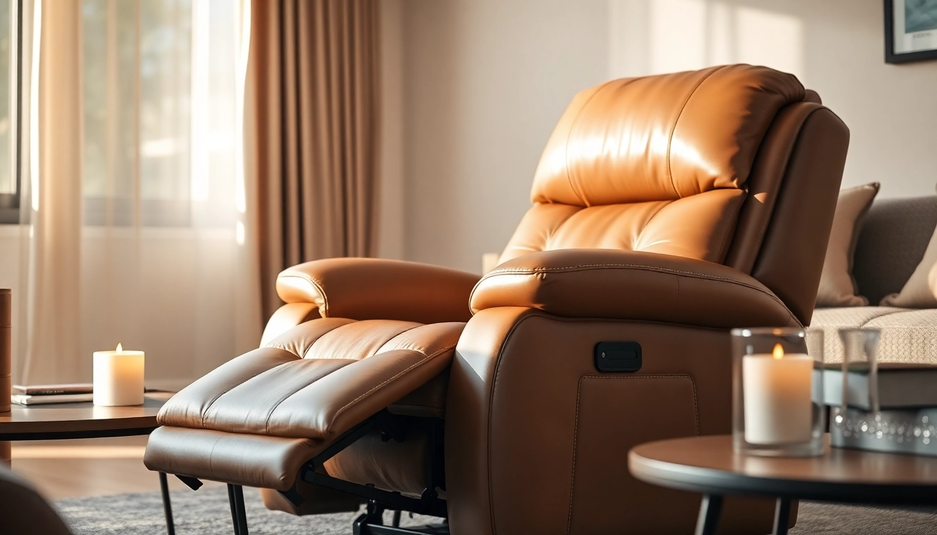 Experience relaxation in a leather lift recliner with heat and massage in a cozy setting.