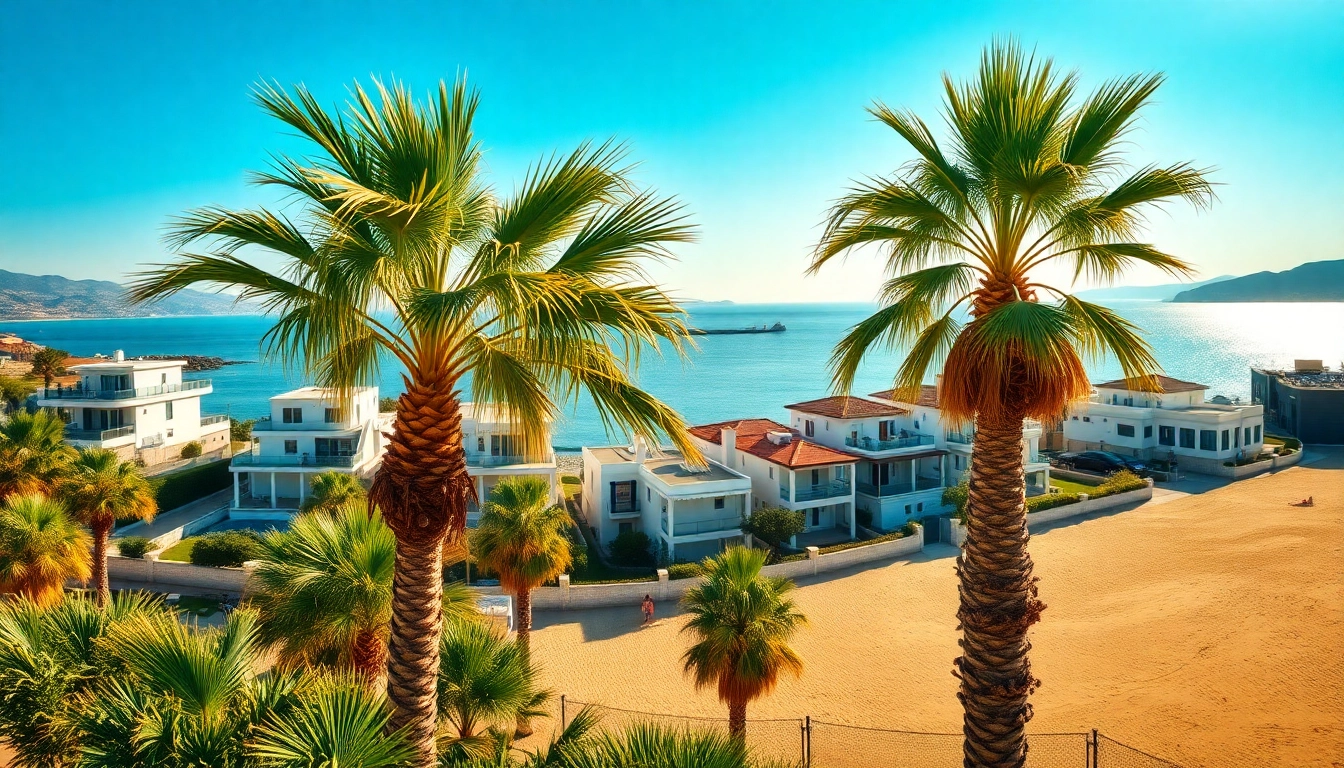 Beautiful view of properties where you can buy property in alanya, showcasing modern villas against the sea.