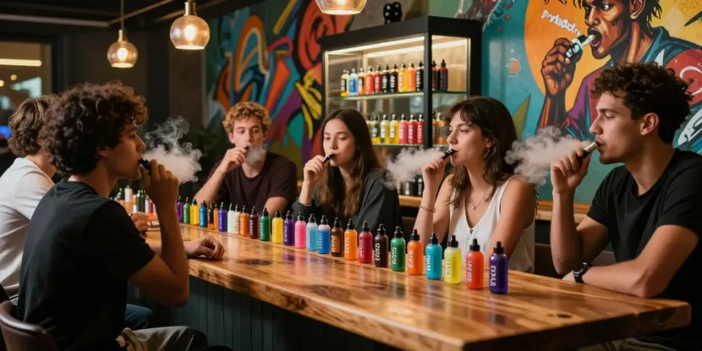 Vibrant urban vape lounge with diverse people enjoying salt nic vapes and flavored e-liquids.