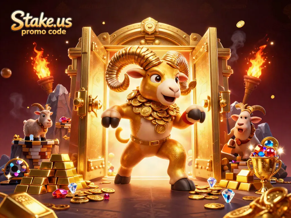 Discover stake.us promo code benefits with vibrant golden treasures in a captivating casino scene.
