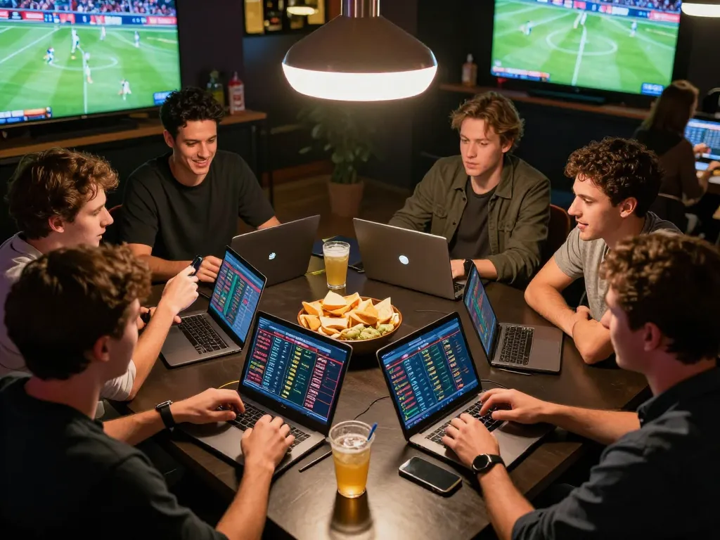 Kèo nhà cái 55 features an exciting sports betting session with friends analyzing live odds and placing bets.